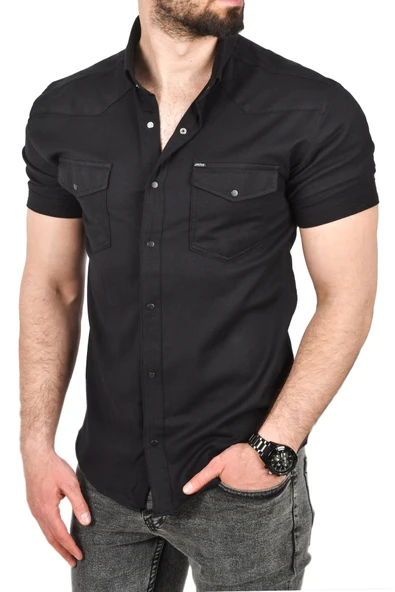 DeepSEA Slim Fit Pamuklu Likralı Kısa Kol Gömlek Kolay Ütülenebilir Çıt Çıtlı Cepli Spor Gömlek 2400253 - 4