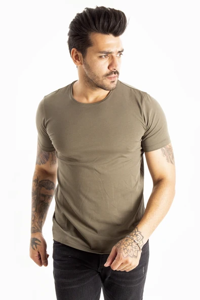 DeepSEA Erkek/Unisex Slim Fit Dar Kesim Bisiklet Yaka Pamuklu Likralı Basic Tişört 1801131 - Resim 6