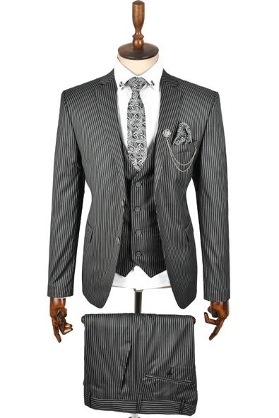 DeepSEA Çift Düğme Çift Yırtmaç Çizgili Slim Fit 3 Lü Takım Elbise 2300162 - 1