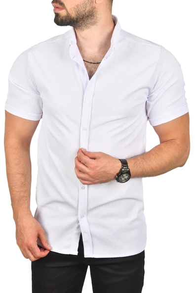 DeepSEA Slim Fit Likralı Spor Gömlek Dar Kesim Jakar Kumaş Kısa Kol Gömlek 2500804 - Resim 5