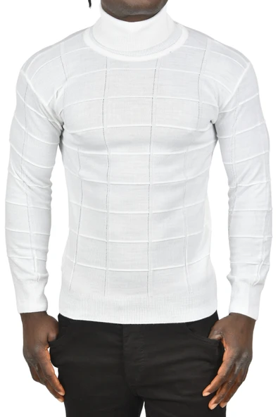 DeepSEA Kare Desenli Balıkçı Yaka Slim Fit Boğazlı Triko Kazak 2505493 - 2