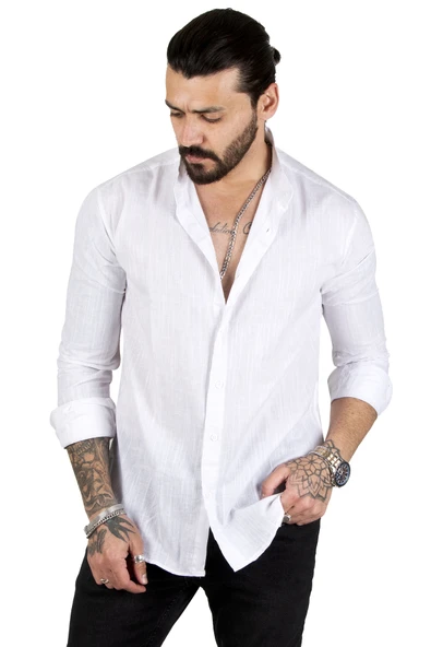 DeepSEA Slim Fit Dar Kesim Keten Gömlek Hakim Yaka Pamuklu Keten Spor Gömlek 2201895 - Resim 2