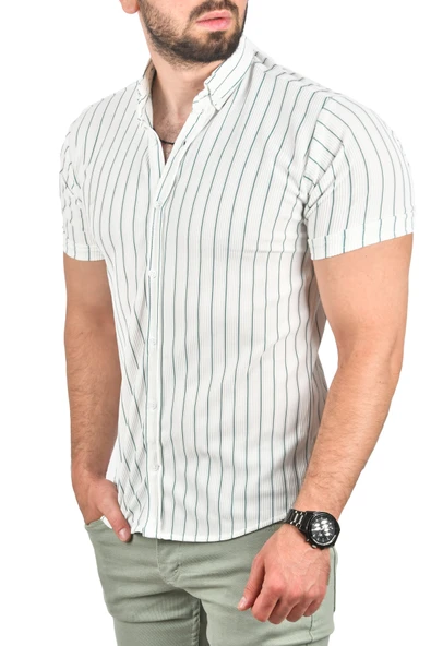 DeepSEA Slim Fit Likralı Spor Gömlek Dar Kesim Çizgili Kısa Kol Gömlek 2501218 - 11