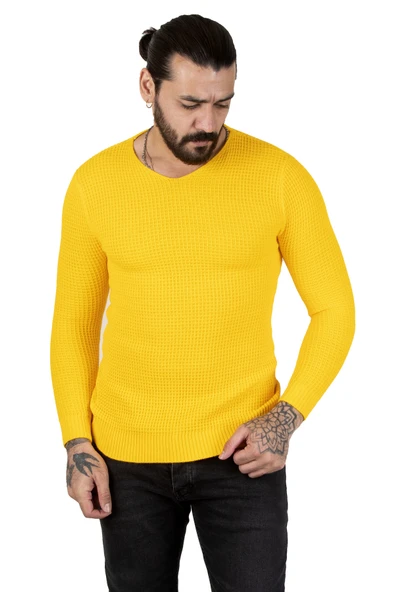 DeepSEA Kare Desenli Dar Kesim V Yaka Triko Kazak 2300341 - 11