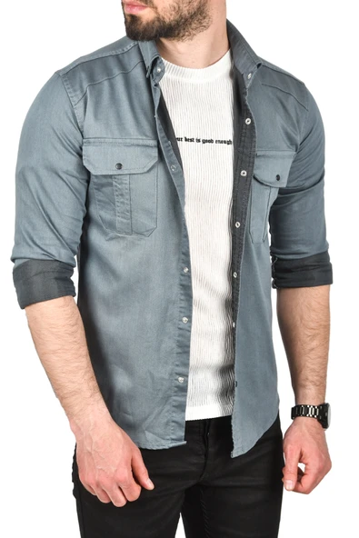 DeepSEA Slim Fit Kolay Ütülenebilir Pamuklu Spor Gömlek Likralı Kot Gömlek 2502505 - Resim 12