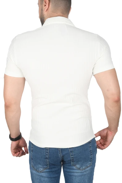 DeepSEA Slim Fit Apaş Yaka Kısa Kol Penye  Gömlek Jakar Kumaş Dar Kesim Spor Gömlek 2501217 - Resim 5