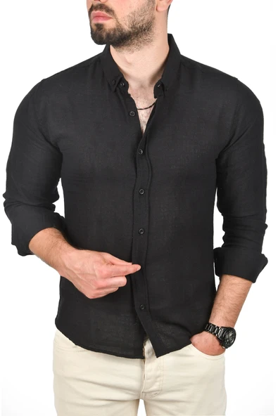 DeepSEA Slim Fit %100 Pamuk Keten Gömlek Dar Kesim Dokulu Keten Gömlek 2501302 - Resim 9