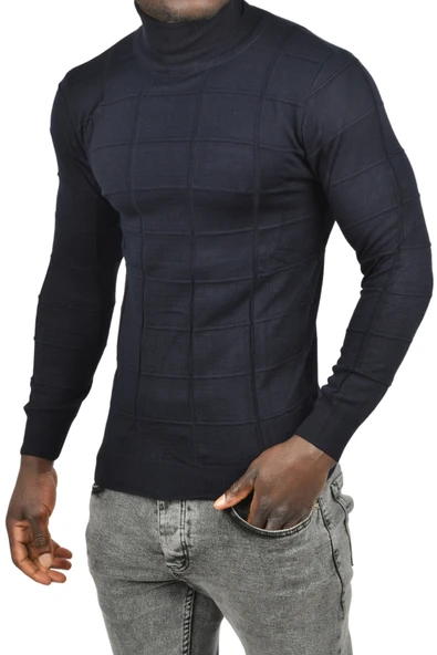 DeepSEA Kare Desenli Balıkçı Yaka Slim Fit Boğazlı Triko Kazak 2505493 - 10