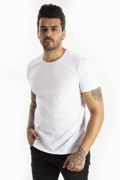 DeepSEA Erkek/Unisex Slim Fit Dar Kesim Bisiklet Yaka Pamuklu Likralı Basic Tişört 1801131 - Resim 7