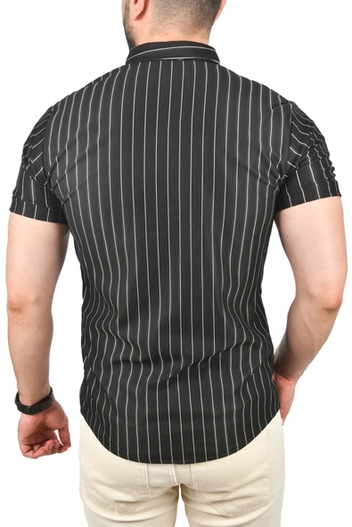 DeepSEA Slim Fit Likralı Spor Gömlek Dar Kesim Çizgili Kısa Kol Gömlek 2501218 - 5