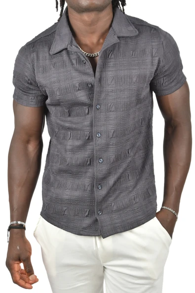 DeepSEA Kabartma Desenli Slim Fit Likralı Kısa Kollu Penye Gömlek 2403222 - Resim 6