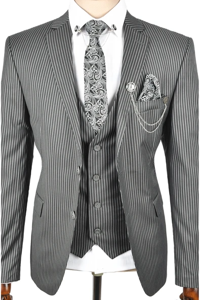 DeepSEA Çift Düğme Çift Yırtmaç Çizgili Slim Fit 3 Lü Takım Elbise 2300162 - 7