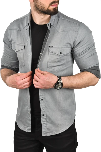 DeepSEA Slim Fit Pamuklu Cepli Kot Gömlek Çıtçıtlı Uzun Kollu Spor Gömlek 2502503 - 7