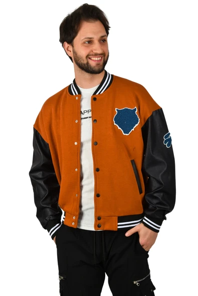 DeepSEA Üç İplik içi Şardonlu Kolu Suni Deri Kolej Yaka Mont Ceket 2304771 - 2