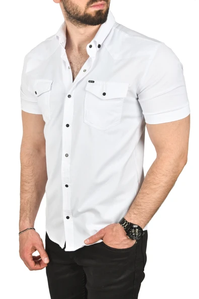 DeepSEA Slim Fit Pamuklu Likralı Kısa Kol Gömlek Kolay Ütülenebilir Çıt Çıtlı Cepli Spor Gömlek 2400253 - 1