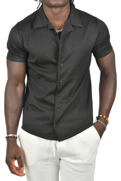 DeepSEA Kabartma Çizgi Desenli Slim Fit Kısa Kollu Penye Gömlek 2403221 - 6