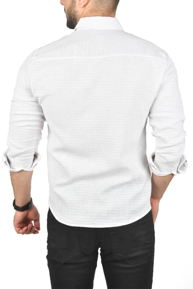 DeepSEA Slim Fit %100 Pamuk Keten Gömlek Dar Kesim Dokulu Keten Gömlek 2501302 - Resim 6