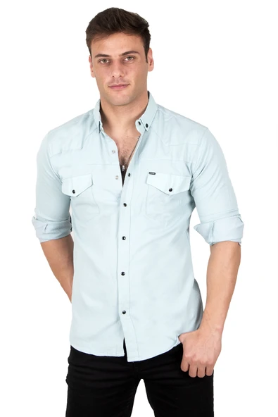 DeepSEA Slim Fit Dar Kesim Spor Gömlek Likralı Pamuklu Kot Gömlek 2300419 - Resim 7