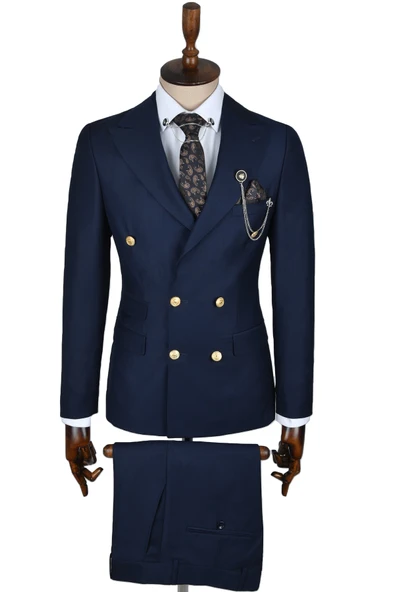 DeepSEA Metal Düğmeli Cep Detaylı Slim Fit Kruvaze 2li Takım Elbise 2300325 - 2