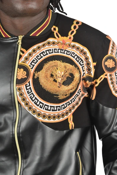 DeepSEA Taş İşlemeli Ejder Desenli Dar Kesim Fermuarlı Suni Deri Ceket Mont 2500616 - 4