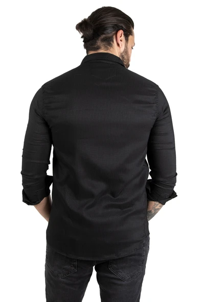 DeepSEA Slim Fit Dar Kesim Dokulu Spor Gömlek Likralı Pamuklu Esnek Kumaş Gömlek 2001810 - Resim 12