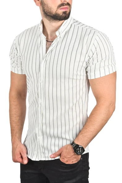 DeepSEA Slim Fit Likralı Spor Gömlek Dar Kesim Çizgili Kısa Kol Gömlek 2501218 - 6