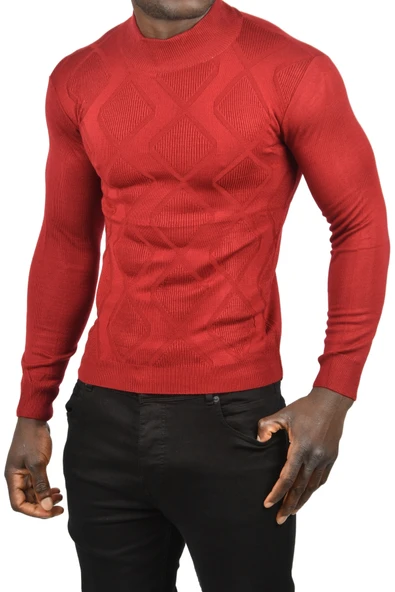 DeepSEA Baklava Desenli Slim Fit Yarım Balıkçı Yaka Triko Boğazlı Kazak 2505511 - 5