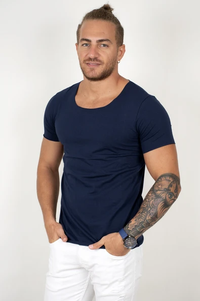 DeepSEA Geniş Yaka Likralı Tişört Oval Yaka Slim Fit Eteği Oval Açık Yaka T-shirt 1801199 ürün görseli