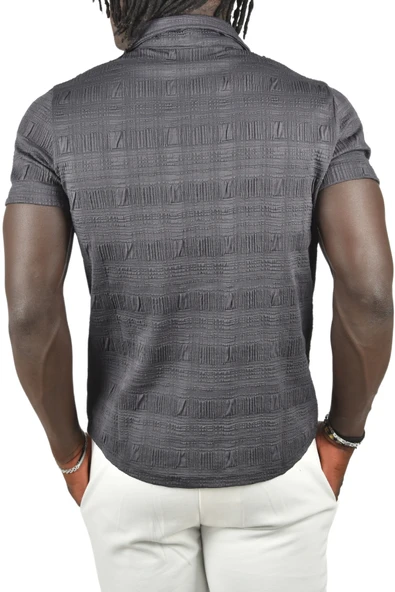 DeepSEA Kabartma Desenli Slim Fit Likralı Kısa Kollu Penye Gömlek 2403222 - Resim 9