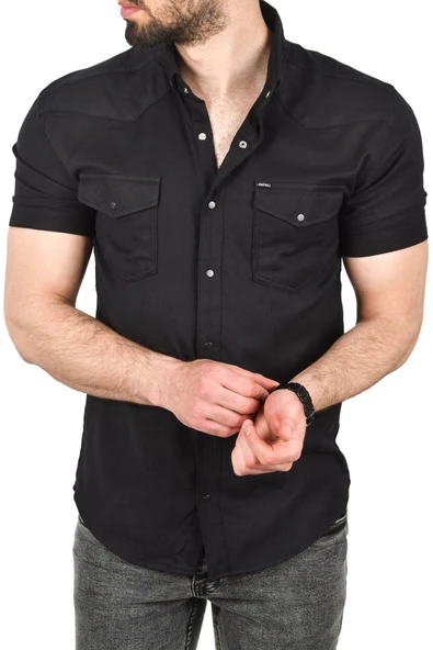 DeepSEA Slim Fit Pamuklu Likralı Kısa Kol Gömlek Kolay Ütülenebilir Çıt Çıtlı Cepli Spor Gömlek 2400253 - 5
