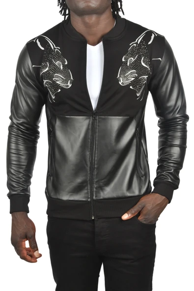 DeepSEA Taş İşlemeli Leopar Desenli Suni Deri Ceket Mont Biker Ceket 2500728