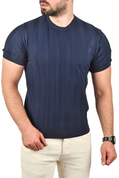 DeepSEA Dar Kesim Pamuklu Triko Tişört Slim Fit Nefes Alan Bisiklet Yaka Tişört 2504348 - Resim 10