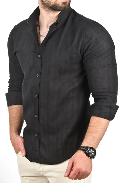 DeepSEA Slim Fit %100 Pamuk Keten Gömlek Dar Kesim Dokulu Keten Gömlek 2501301 - Resim 8