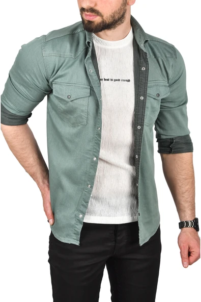DeepSEA Slim Fit Pamuklu Cepli Kot Gömlek Çıtçıtlı Uzun Kollu Spor Gömlek 2502503 - 6