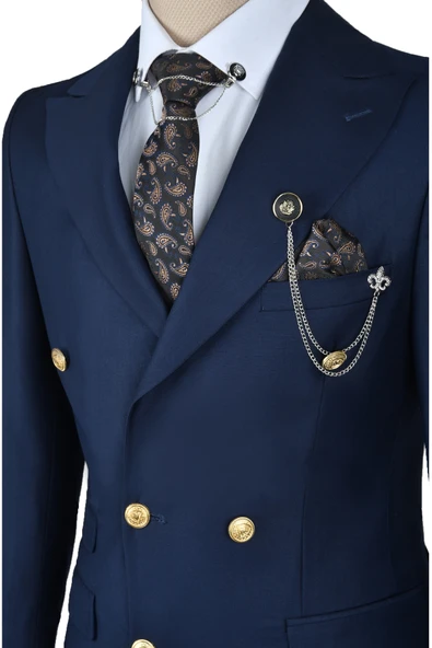 DeepSEA Metal Düğmeli Cep Detaylı Slim Fit Kruvaze 2li Takım Elbise 2300325 - 1