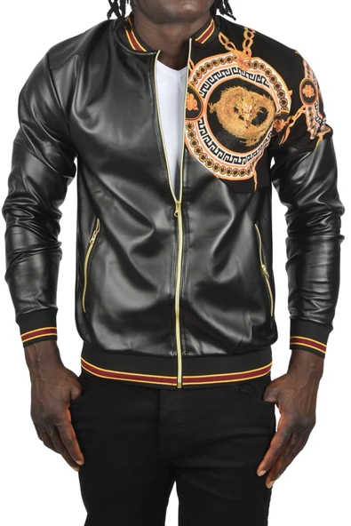 DeepSEA Taş İşlemeli Ejder Desenli Dar Kesim Fermuarlı Suni Deri Ceket Mont 2500616