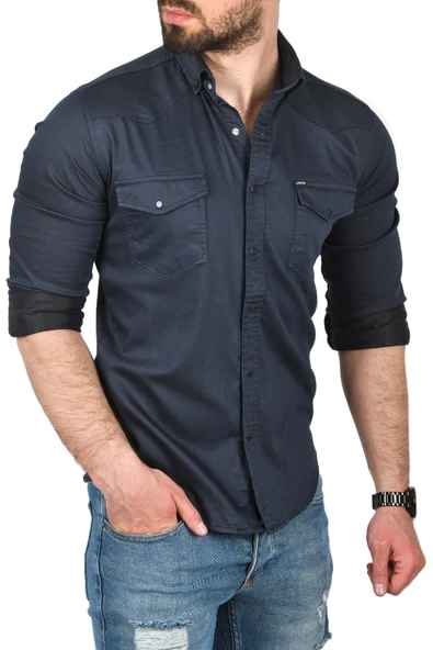 DeepSEA Slim Fit Pamuklu Cepli Kot Gömlek Çıtçıtlı Uzun Kollu Spor Gömlek 2502503 - 5
