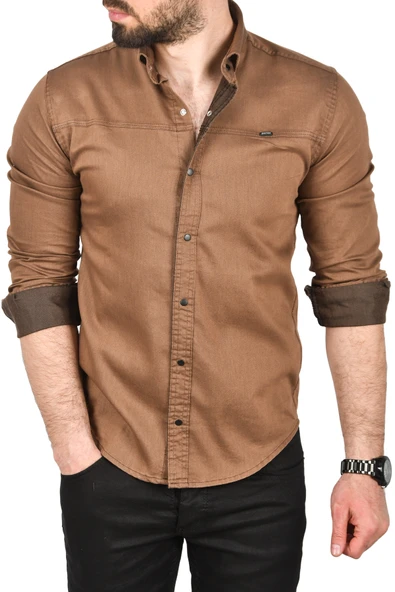 DeepSEA Slim Fit Pamuklu Kot Gömlek Kolay Ütülenebilir Çıt Çıtlı Likralı Spor Gömlek 2502504 - 2