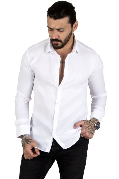 DeepSEA Slim Fit Dar Kesim Dokulu Spor Gömlek Likralı Pamuklu Esnek Kumaş Gömlek 2001810 - Resim 4