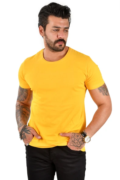 DeepSEA Erkek/Unisex Slim Fit Dar Kesim Bisiklet Yaka Pamuklu Likralı Basic Tişört 1801131 - Resim 10