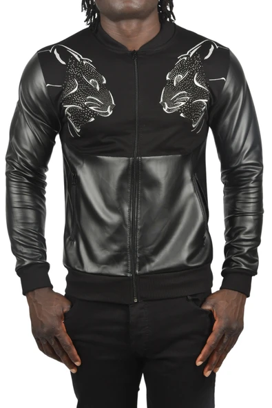 DeepSEA Taş İşlemeli Leopar Desenli Suni Deri Ceket Mont Biker Ceket 2500728 - 2