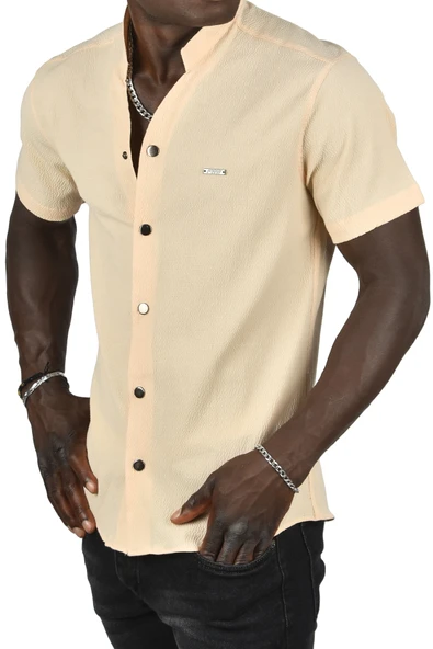 DeepSEA Gofre Kumaş Hakim Yaka Slim Fit Likralı Çıtçıtlı Kısa Kollu Gömlek 2403018 - Resim 10