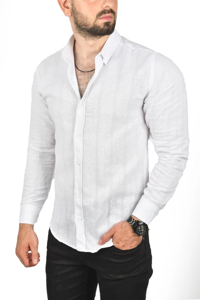 DeepSEA Slim Fit %100 Pamuk Keten Gömlek Dar Kesim Dokulu Keten Gömlek 2501301 ürün görseli
