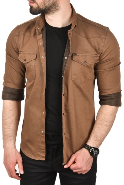 DeepSEA Slim Fit Pamuklu Cepli Kot Gömlek Çıtçıtlı Uzun Kollu Spor Gömlek 2502503 - 4