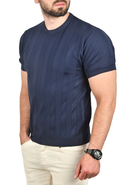 DeepSEA Dar Kesim Pamuklu Triko Tişört Slim Fit Nefes Alan Bisiklet Yaka Tişört 2504348 - Resim 11