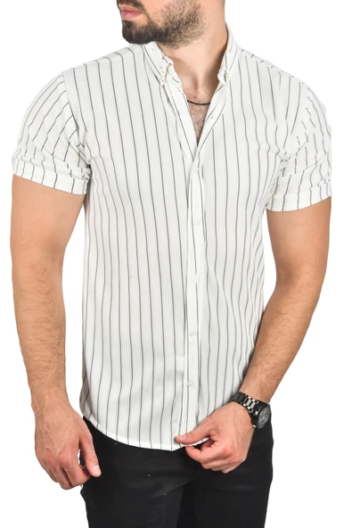 DeepSEA Slim Fit Likralı Spor Gömlek Dar Kesim Çizgili Kısa Kol Gömlek 2501218 - 7