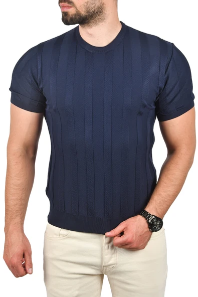 DeepSEA Dar Kesim Pamuklu Triko Tişört Slim Fit Nefes Alan Bisiklet Yaka Tişört 2504348 - Resim 12