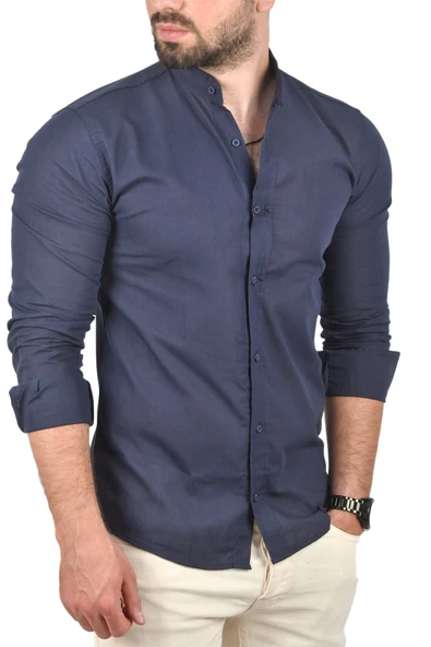 DeepSEA Slim Fit Dar Kesim Keten Gömlek Hakim Yaka Pamuklu Keten Spor Gömlek 2201895 - Resim 10