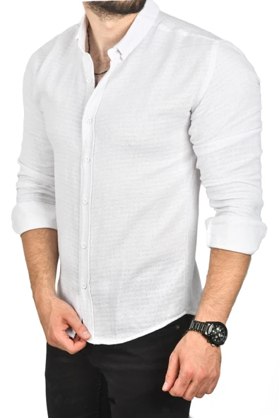 DeepSEA Slim Fit %100 Pamuk Keten Gömlek Dar Kesim Dokulu Keten Gömlek 2501302 ürün görseli