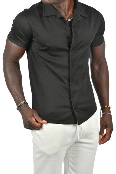 DeepSEA Kabartma Çizgi Desenli Slim Fit Kısa Kollu Penye Gömlek 2403221 - 8